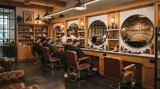 Classic barbershop interior with leather chairs and warm mirrors