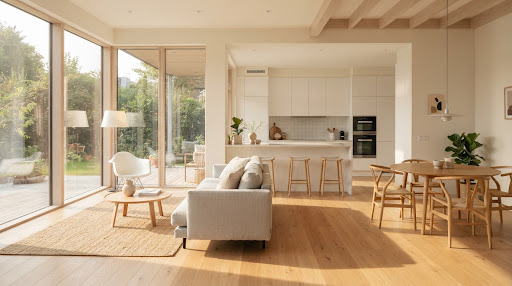 Bright, clean modern open-concept living room and kitchen